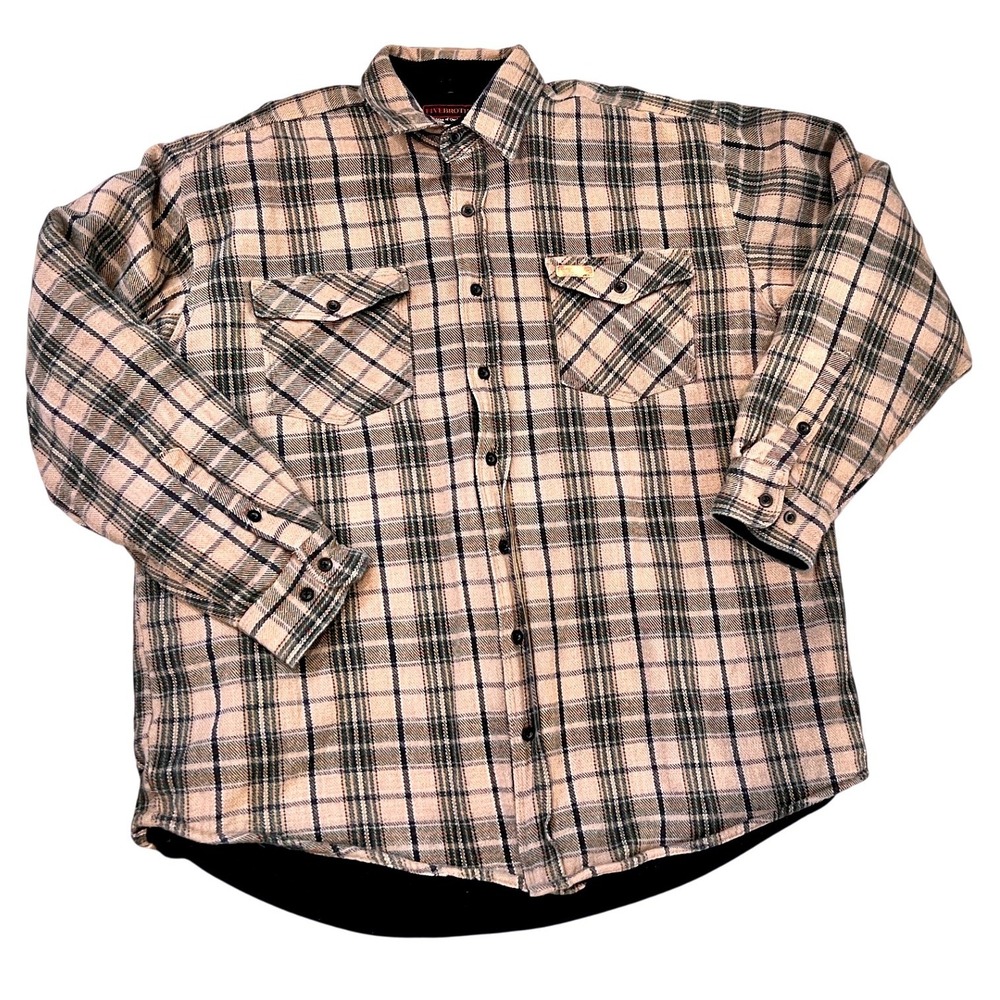 Five Brother Flannel Shirt Jacket Mens XLT Tan Plaid Quilted Lined Excellent